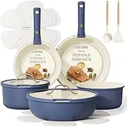 CAROTE 19pcs Pots and Pans Set, Nonstick Cookware Set Detachable Handle, Induction Kitchen Cookware Sets Non Stick with Removable Handle, RV Cookware Set, Gold and Blue