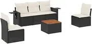 vidaXL Garden Sofa Set - 6 Piece Black Poly Rattan Modular Patio Set with Cushions & Acacia Tabletop