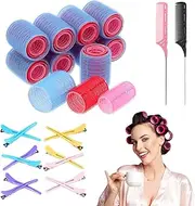 2PCS 8.9 Inch Tail Comb Rattail Comb Stainless Steel Pintail Anti Static with 30PCS Hair Rollers Set Self Grip Salon Hairdressing Curlers with 12PCS Duckbill Clips DIY Curling Tool