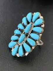 Blue Turquoise Cluster Needlepoint Navajo Sterling Silver Ring Size 6 11943