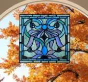 Tiffany Style Stained Glass Panel Suncatcher Blue Geometric Floral Design 12x12