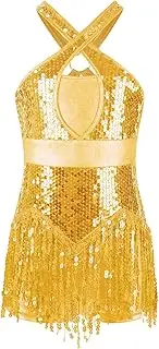 [Oyolan] Girls Halter Neck Sequin Tassel Latin Dance Dress Fringed Bodysuit Salsa Rumba Jazz Ballroom Dancewear