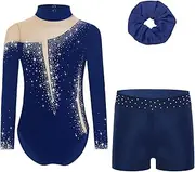 [Jhaoyu] Kids Girls Shiny Gymnastics Leotards Bodysuit Long Sleeve Glittery Rhinestones Ballerina Unitards Outfits 3pcs