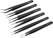 Akobearla 6pcs Stainless Steel Presicion Tweezers ESD Serial Electrical Pliers Anti-Static Tweezer Tool Kits for Electronics Jewelry-Making Laboratory Work Nail Art Hobbies (1.0mm Thickness)