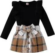 [Generic] Bundle Baby Girl Kids Toddler Baby Girls Autumn Winter Print Cotton Long Sleeve Ribbed Tops Plaid Skirts Bow Tie Set Clothes for Baby Girl Black