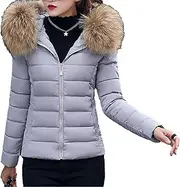[JEShifangjiusu] Woman with Hat Warm Plumon Clothes with Artificial Collar Thick Coat for Winter Sew A Fluffy Snow Coat, grey, M