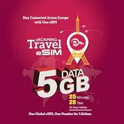 GKT Roaming eSIM for Europe 5GB of Data, 25 Mins & 25 Texts. Valid for 30 Days