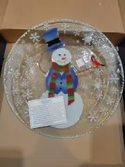Fused Glass Dish Wm William McGrath Round Snazzy Snowman Cardinal Platter 11"