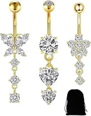 [OXDOHUE] Women's Belly Button Piercing 10 mm Belly Piercing Surgical Steel Heart Piercing Butterfly Flower Pendant Belly Button Jewellery Women's Gold Pack of 3