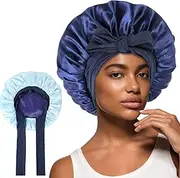 Abeillo Satin Bonnets for Women Reversible Silk Bonnet for Sleeping Double Layer Night Sleep Caps Hair Bonnet for Curly Hair, Blue+light Blue, Large