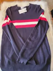 denim flower ricky singh mens Blue Red white stripe sweater Large NEW # 60