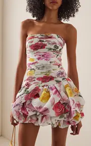 [Aje] Violette Ruched Floral-Cotton Bubble-Hem Mini Dress