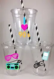 90’s Party Cups Birthday Set/12 With Lids Straws Nineties Icons I heart 90