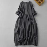 在飛比找Very buy優惠-日系女裝夏季大尺碼復古學院風棉麻亞麻短袖寬鬆氣質洋裝