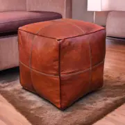 Handcrafted Moroccan Ottoman Leather Pouf, Square Leather footstool, Brown Pouf