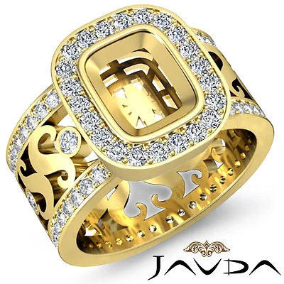 Pave Diamond Engagement Cushion Shape Huge Ring 14k Yellow Gold Semi Mount 1.3Ct