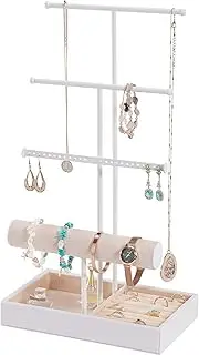 Lolalet Jewelry Holder Tree with Velvet Tray, 4 Tiers Necklace Display Stand Rack with Ring Slots Organizer for Earrings Bracelets Bangles Ring -White