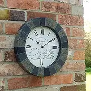 Modern Slate Effect Wall Clock 14 in (34cm), Large Indoor/Outdoor Fence Decoration Clock with Thermometer and Hygrometer, Outdoor Waterproof Dustproof Watches