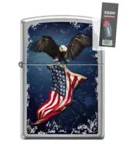 Zippo 7499 USA Flag and Eagle Street Chrome Finish Lighter + FLINT PACK