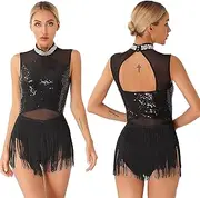 [iEFiEL] Women Sequins Ballroom Costume Cha-Cha Samba Dance Dress Patchwork Latin Bodysuit Tassel Fringed Leotard