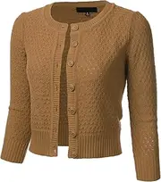 [FLORIA] Women's Button Down 3/4 Sleeve Crew Neck Cotton Knit Cropped Cardigan Sweater (S-3X)