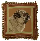 Wool Needlepoint Throw Pillow Brown Pug Dog Accent Cushion 16x16 Insert Included
