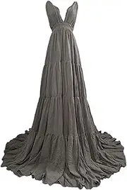[D&J DON&JUDY] D&J Cotton Tiered Dress V-Neck Backless Dress Party Maxi Dress Baby Shower Dress Photo Shoot for Photography