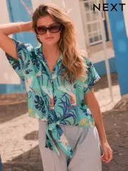 Blue Tropical Palm Print Tie Front Short Sleeve Shirt (F13053) | $84
