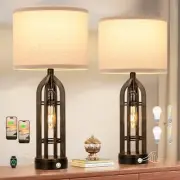 Table Lamps for Living Room - Farmhouse Lamps Set of 2 with USB C+A & Outlet,