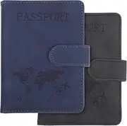 [AOZUO] 2 Pack Passport Holder for Travel, Passport Wallet Cover Case Waterproof RFID Blocking Passport Holder with Pen Holder Travel Essential, Passport Book Holders for Women and Men(B)