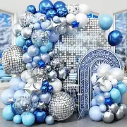 Blue Balloon Arch Kit, Disco Ball Balloons Garland with 22 Inch Metallic Silver