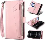 [TiHen] Compatible for Case Google Pixel 6,Leather Zipper Wallet Case Card Slots Magnetic Shockproof Stand,Strap+Tempered Glass Screen Protector*2-Rose Gold