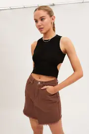 Brown Denim Skirt Mini Asymmetric Hem - Size 6, Women's A Line Skirt