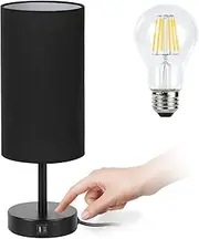 LED Bedside Table Lamp with USB Port Touch Control Table Lamp for Bedroom 3 Way Dimmable Nightstand Lamp with Round Flaxen Fabric Shade for Living Room, Dorm, Home Office (LED Bulb Included)