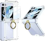 ELEPIK for Samsung Flip 5 Case with Hinge Protection, Samsung Galaxy Z Flip 5 Case with Ring Kickstand [Back Window Screen Protector] Protective Cover for Samsung Galaxy Z Flip 5 5G, Clear.