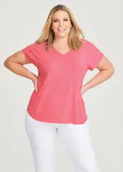 [Taking Shape] Taking Shape Natural Everyday V-neck T-shirt Size 18 in Pink Cosmos, Viscose - Plus Size Women's Clothing Pink Cosmos