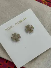 New Tory Burch large logo stud two tone silver/ gold earring