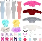 17 Pcs Doll Clothes and Accessories for 11.5 Inch Girl Dolls Summer Strap Robe Winter Fashion Plush Jacket Coat T Shirt Dress Outifit with 4 Bags, 5 Shoes Girls for Age 3-10