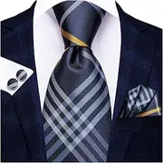 [VSOLS] Men's Blue Black Striped Tie 3.4" Tie Pocket Square Cufflinks Wedding Party Silk Tie Set (Color : SN-3367, Size : 59.06 * 3.35in)