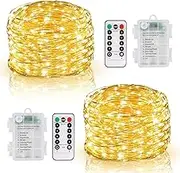 2 Pack Fairy Lights Battery Operated with Remote and Timer, 10M 100 LED Twinkle Lights Waterproof Silver Wire String Lights 8 Mode Dimmable for Room Wall Party Xmas Indoor Decor (Warm White)