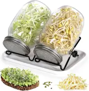 Sprout Jar, 2 x 1000ml Glass Sprout Jar Sprout Jar with 2 Stainless Steel Grid Lid, 2 Support, 1 Tray, Sprout Jar Kit for Broccoli Alfalfa Green Beans