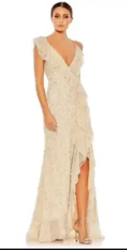 NWT!! Mac Duggal 0931 Plunging Neck Ruffle Dress