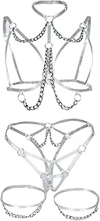 [Generic] Sexy Lingerie for Women and Womens Sexy Cosplay Lingerie Set Lace Outfit Bra and Pantie Nightie with Choker Garter Lingerie for Women Sheer Matching 4 Piece Lingerie Open Panties (Silver-D, XL)