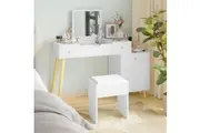 Advwin Dressing Table Stool Set Vanity Desk Flip Top Mirror Side Cabinet White
