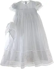 [Feltman Brothers] Girls White Smocked Christening Baptism Gown Bonnet Set with Pearls