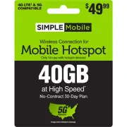 SIMPLE Mobile $49.99 Hotspot Data, 40 GB, 30–Day Plan [Physical Delivery]