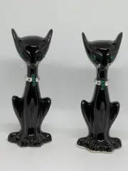 Atomic Age BLACK CATS Evil Green Rhinestone Eyes 50s Salt Pepper Shakers MCM
