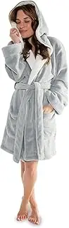 CelinaTex Miami Bathrobe, Hooded, Two-Tone, Short, Patched Pockets, Women, Microfibre, Coral-Fleece, Grey Cream White, Medium