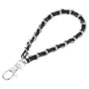 Leather Wristlet Strap, 7" Hand Wrist Lanyard Bag Key Chain, Silver+Black