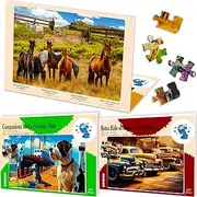 100 Pieces Dementia Puzzles for Elderly - Large Piece Activities Products for Seniors by Quokka - 3 Alzheimers Jigsaw Puzzle Games for Adults Horses, Dogs and Cars - Cognitive Gifts for Men and Women